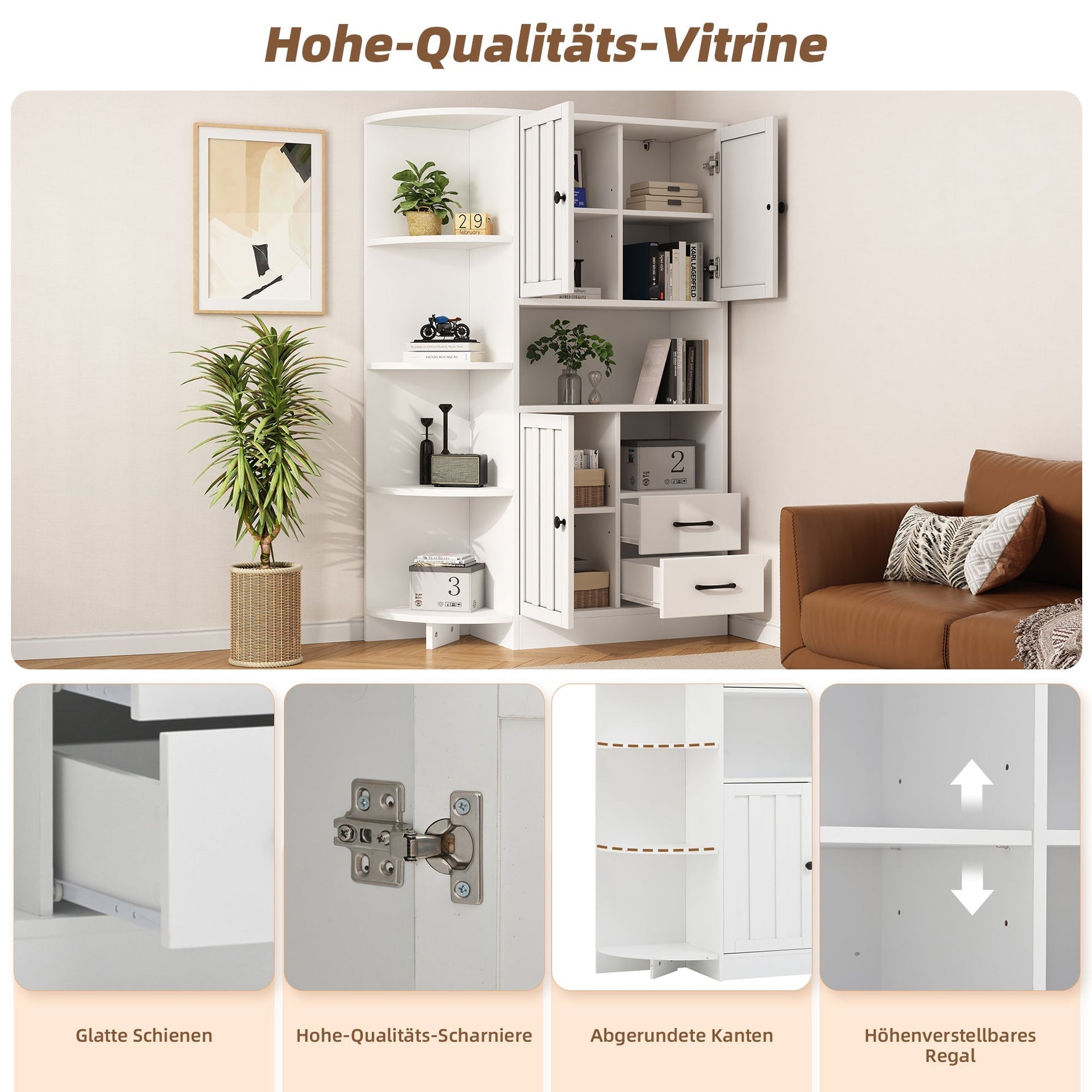 Corner Wardrobe Display Cabinet, 3 Cabinets 2 Drawers, 14 Storage Areas, 104x35x155cm, White