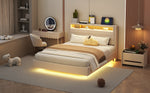 Upholstered Bed 140x200 cm with USB & LED Light, Reversible Headboard, Linen Fabric Beige