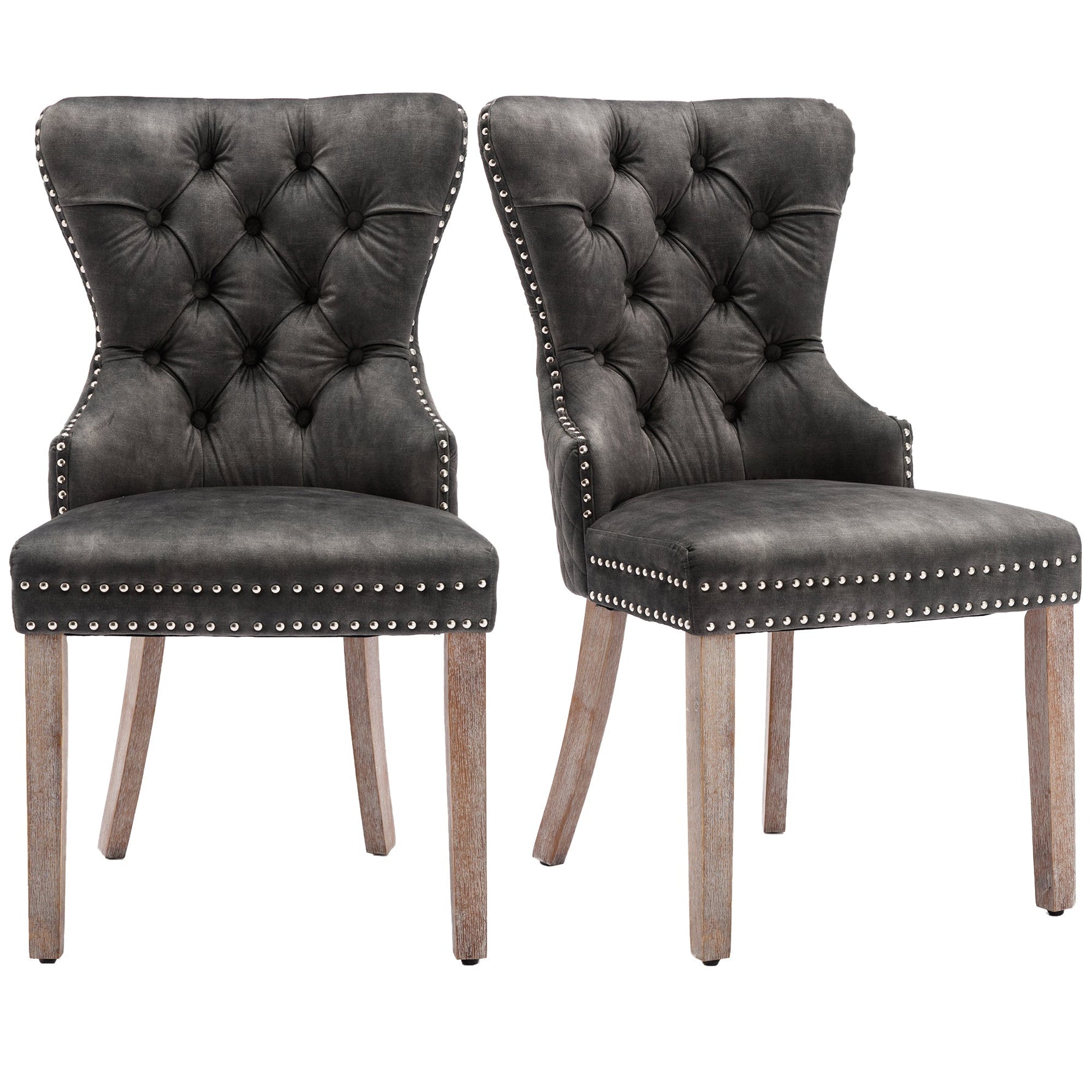 Dining Chair Set of 2 Upholstered Door Knocker Back Nailhead Trim Velvet, Grey