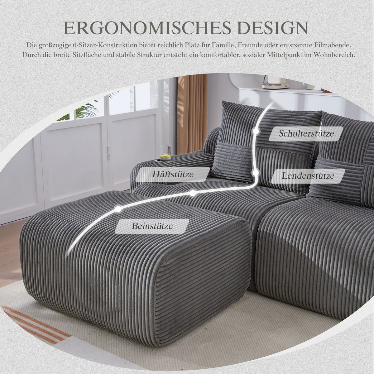 3-Seater Modular Corduroy Sofa with Ottomans, Cup Holders and Storage, Dark Grey