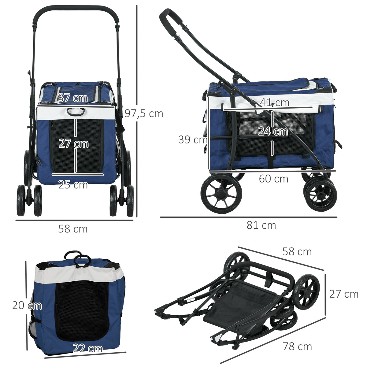 2-in-1 Dog Stroller, Foldable with Removable Basket, Blue