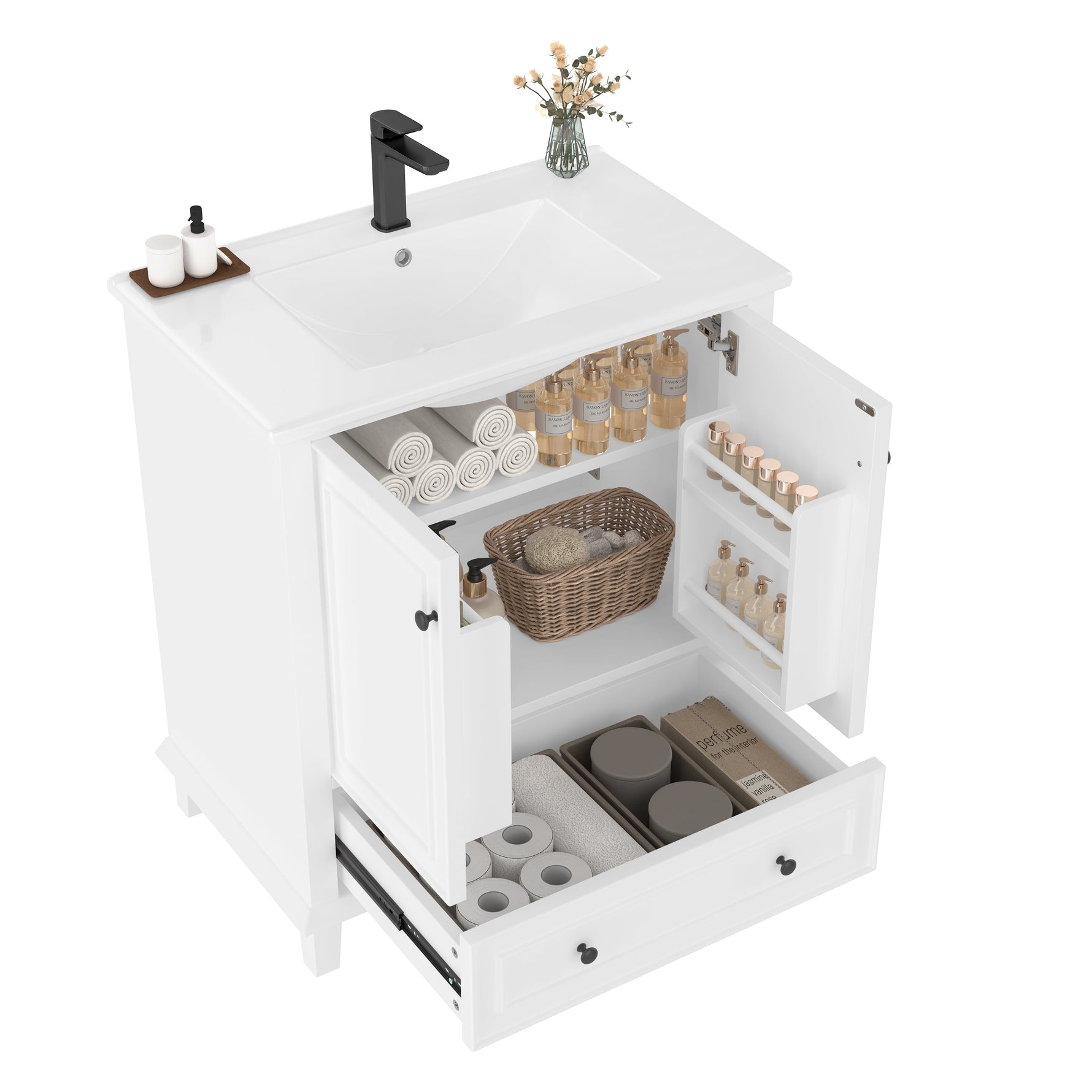 Bathroom Vanity Unit with Ceramic Sink and Solid Wood Legs, White