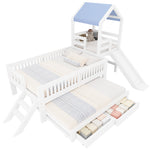 House Bunk Bed with Slide, Trundle & Drawers, White Solid Wood