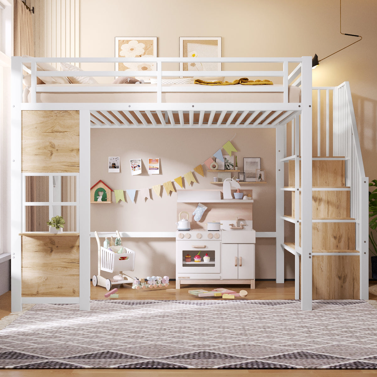 Loft Bed 140x200 cm with Storage Ladder, White Iron Frame