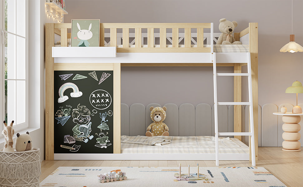 Bunk Bed Chalkboard Storage Safety Railing Pine + MDF White/Natural 90x200cm