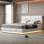 Upholstered Bed 180x200cm Hydraulic Storage LED Faux Leather - White