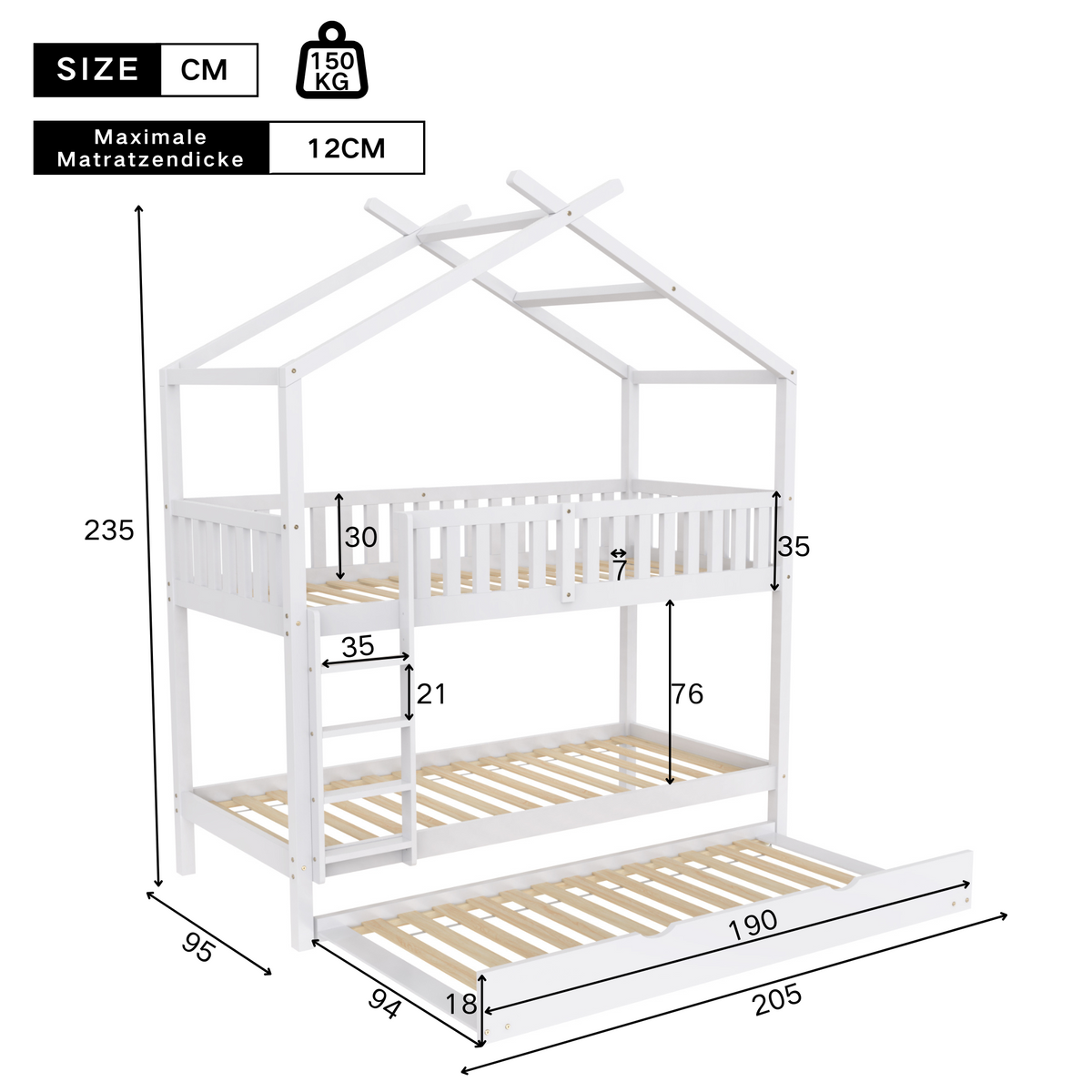 House Bed 90x200cm Triple Extendable Space-Saving - White