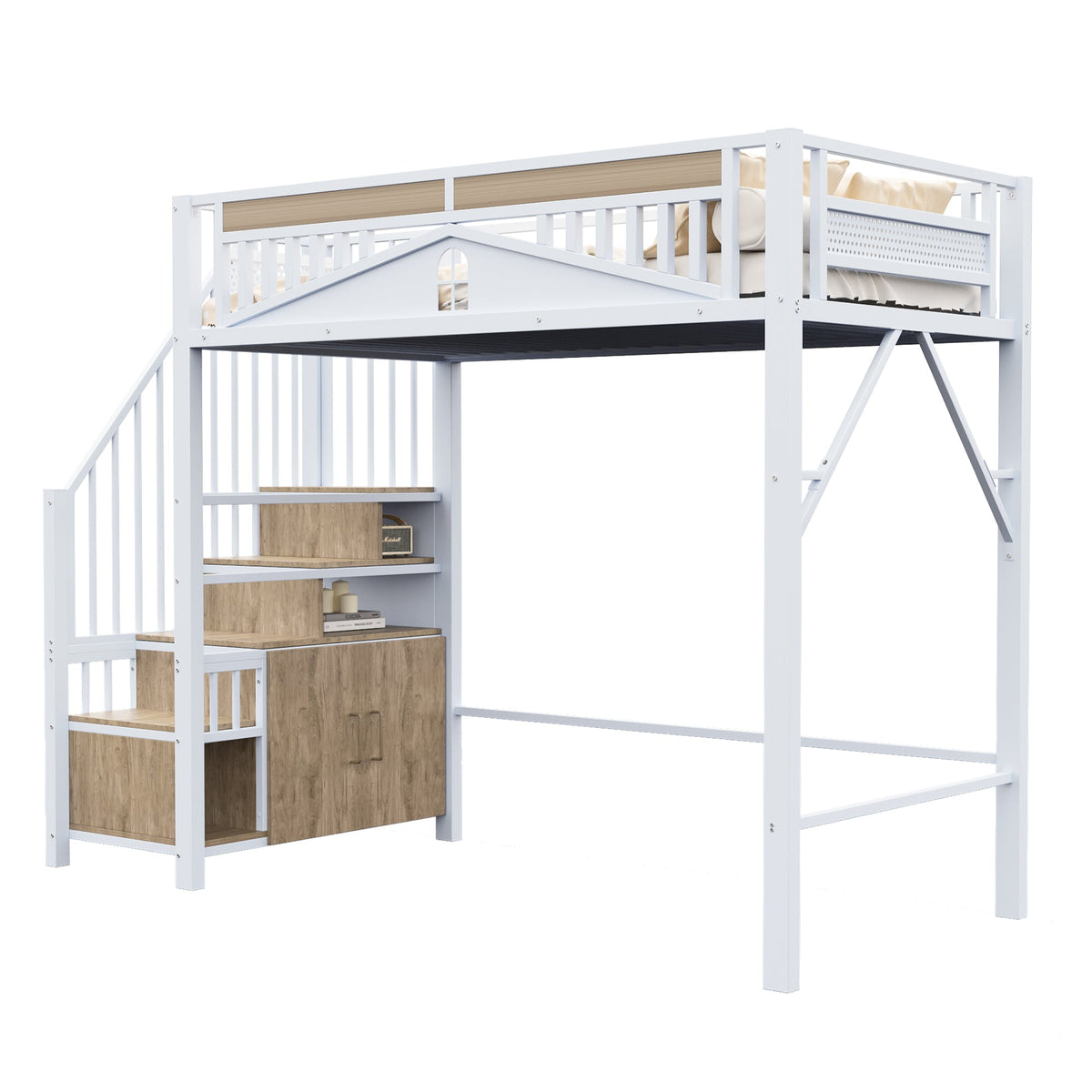 Metal Loft Bed 90 x 200 cm Safety Enclosure Ladder with Locker, White