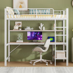 Loft Bed 90x200cm with Desk, Multi-Tiered Shelf, Ladder, USB, and LED Lights, Metal White