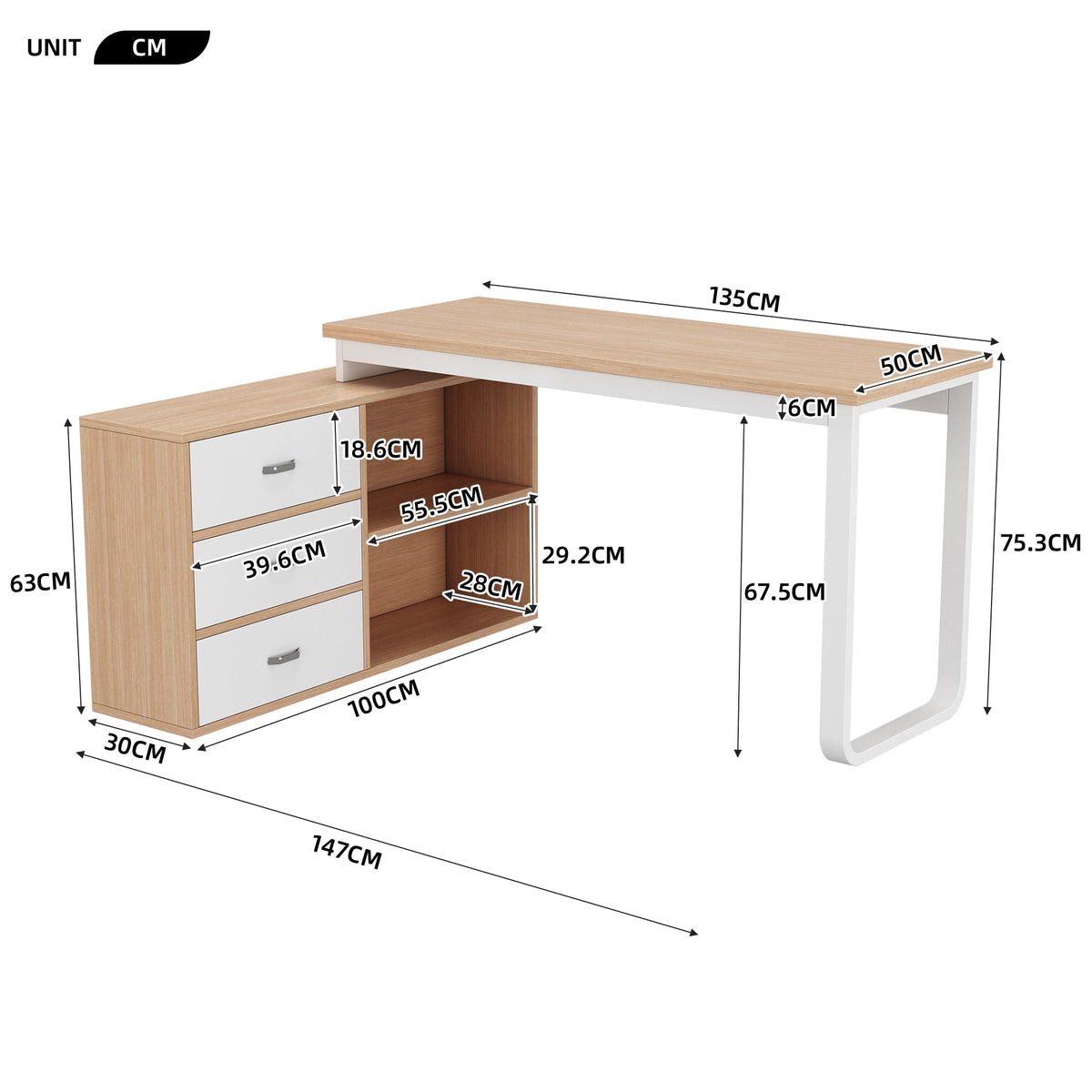 Simple Office Desk with 3 Drawers, 2 Open Shelves, Steel Frame - Natural