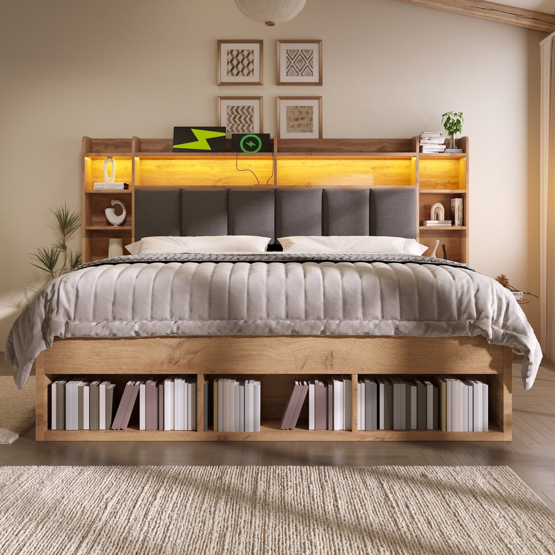 Double Bed System Bed with LED Headboard, Bedside Tables, USB Ports and Storage, 160x200cm, Oak Finish