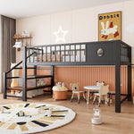 Low Loft Bed with Storage Ladder and Metal Frame, 90x200cm, Black Metal