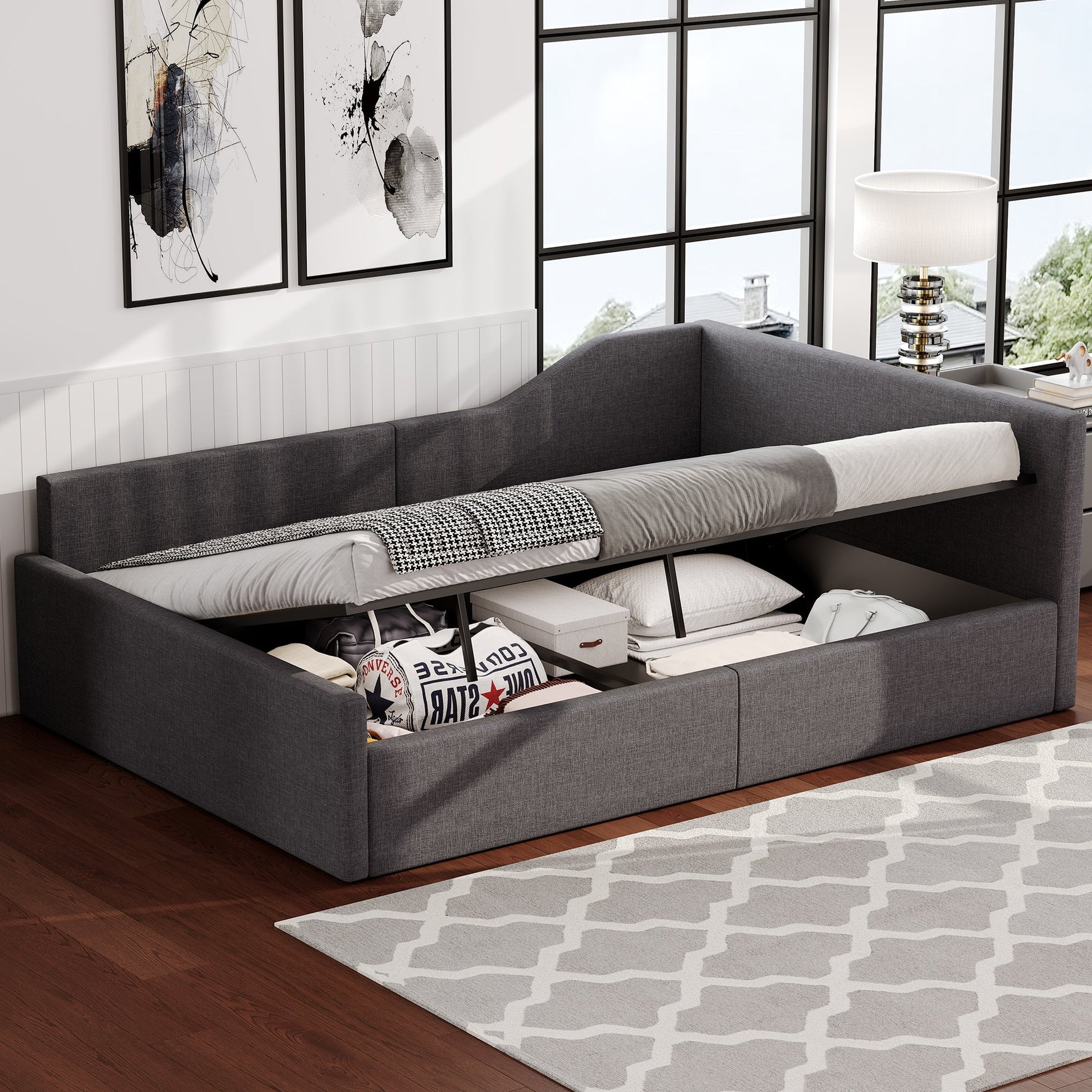 Upholstered Daybed with Underbed Storage, 140x200 cm, Grey