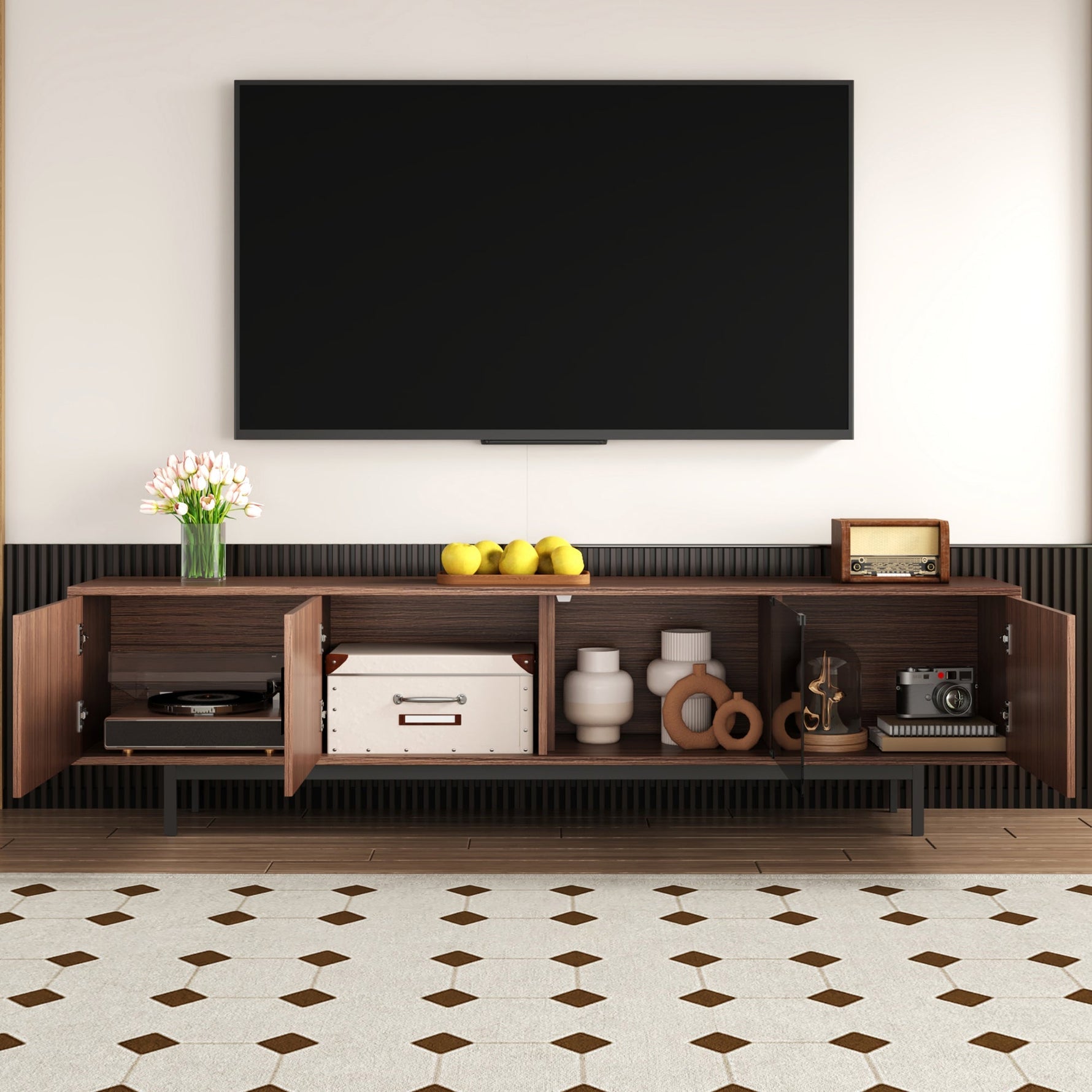 TV Cabinet Lowboard Carved Texture LED Light Tempered Glass