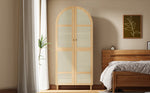 Modern Wardrobe with Curved Doors, Clothes Rail & Drawers, Natural Wood