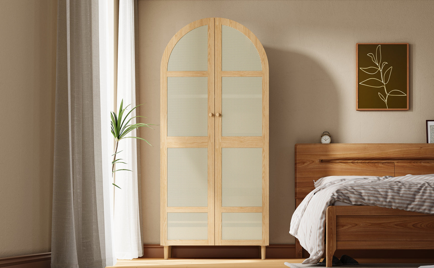 Modern Wardrobe with Curved Doors, Clothes Rail & Drawers, Natural Wood