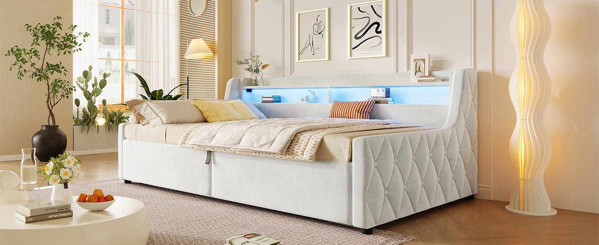 90x200 Platform Bed with Hydraulic Storage & LED, Beige Velvet