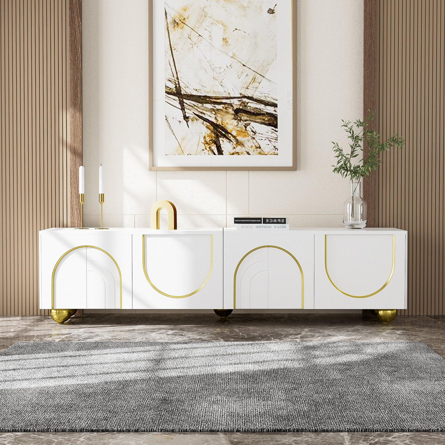 TV Lowboard with Textured Doors, Drawers & Open Compartments - Gold