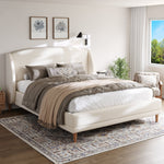 Upholstered Bed 140x190 cm with Winged Headboard and Slatted Base, Ivory White Bouclé Fabric