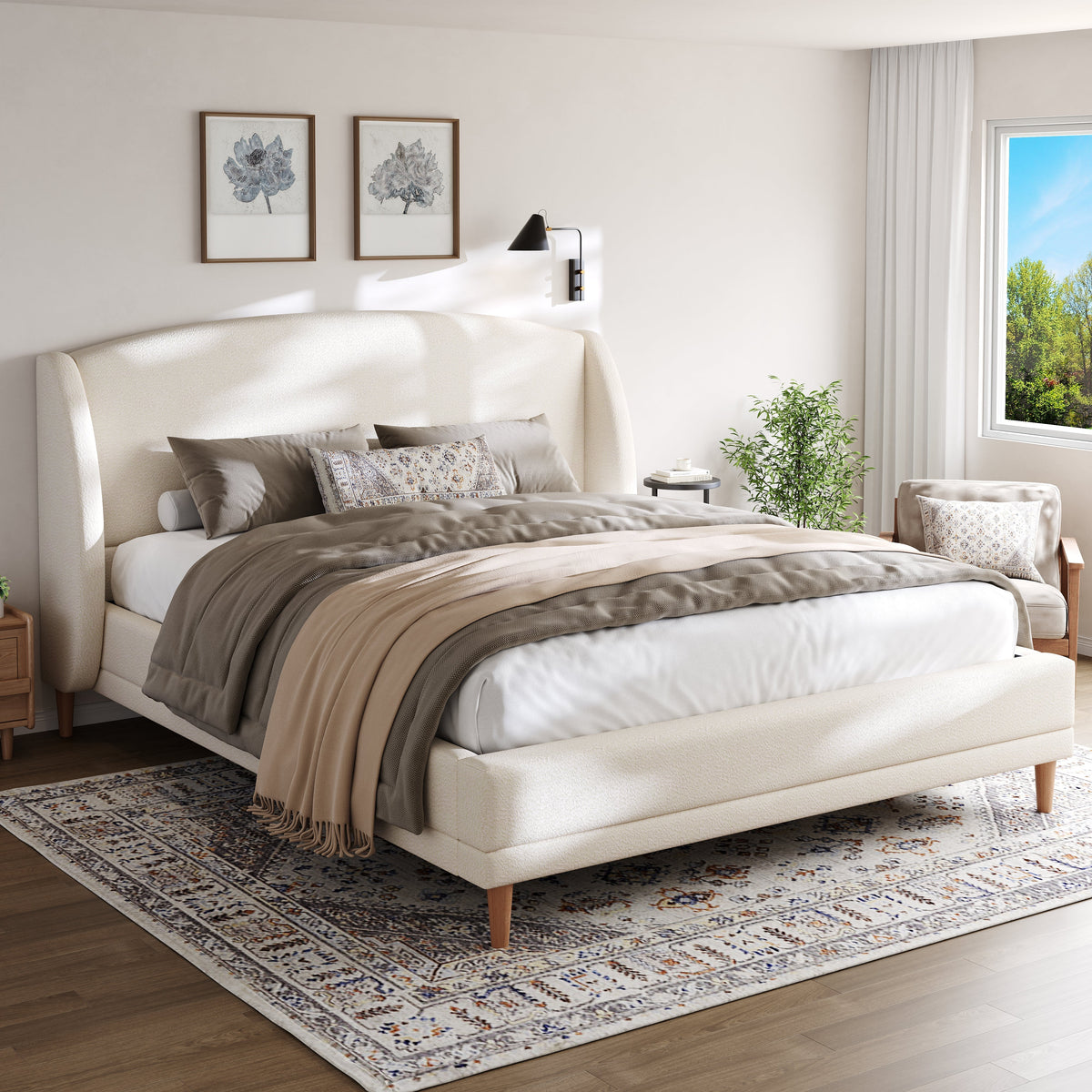 Upholstered Bed 140x190 cm with Winged Headboard and Slatted Base, Ivory White Bouclé Fabric
