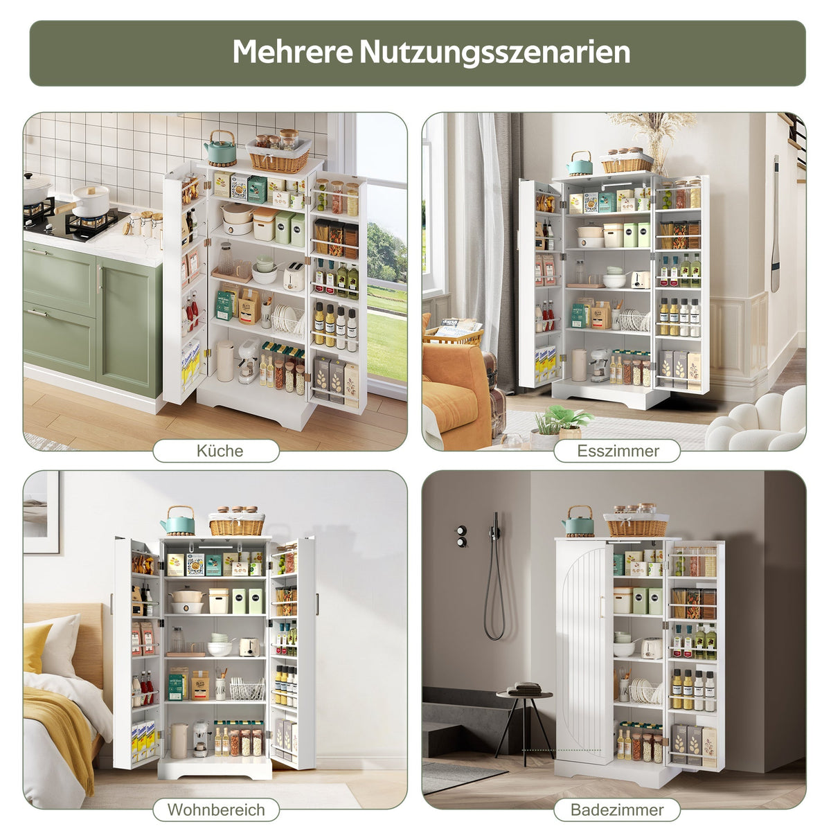 Multifunctional Kitchen Cabinet with LED Sensor Light and Adjustable Shelves, White