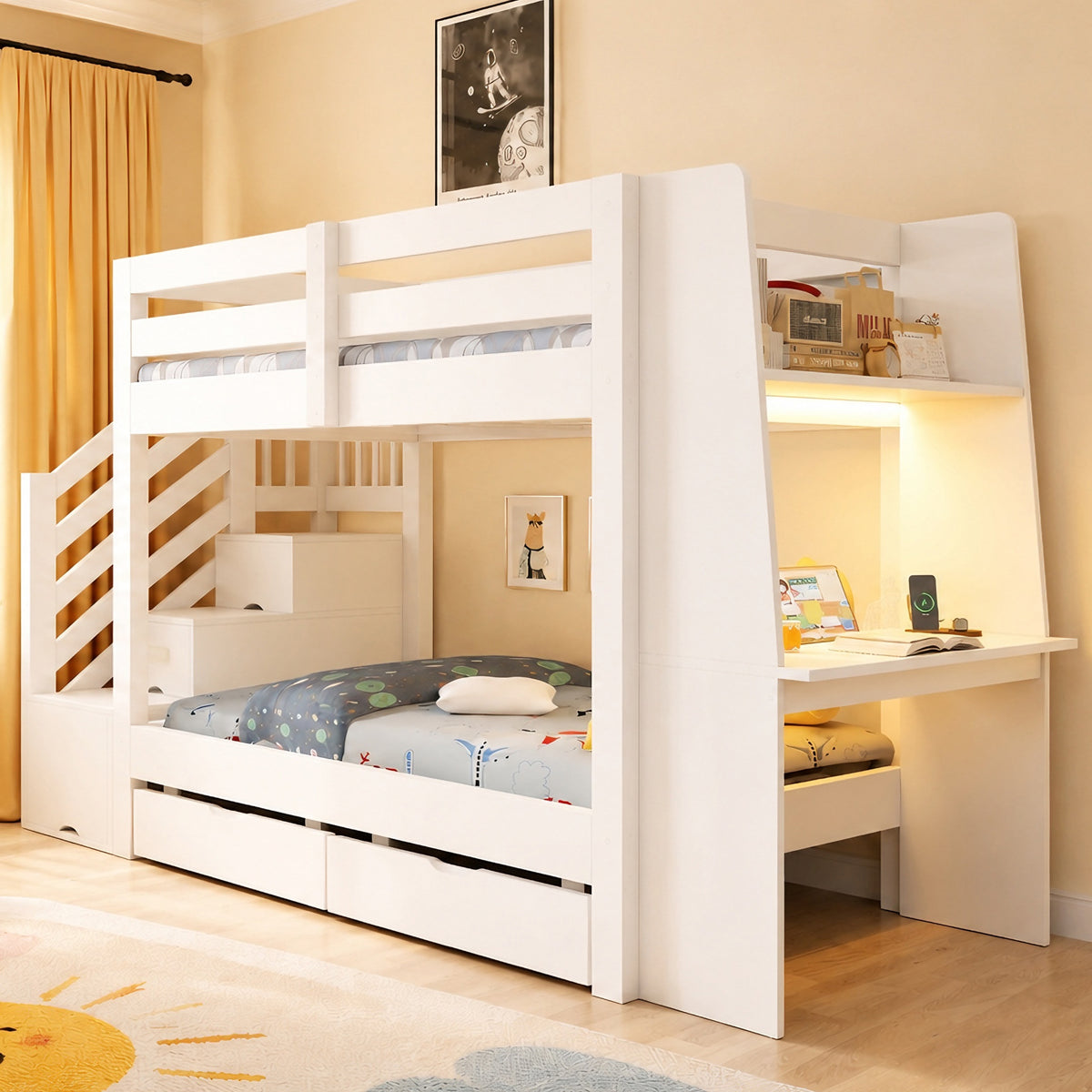 Children's Bunk Bed 90x200cm with Desk & Storage, White Wood