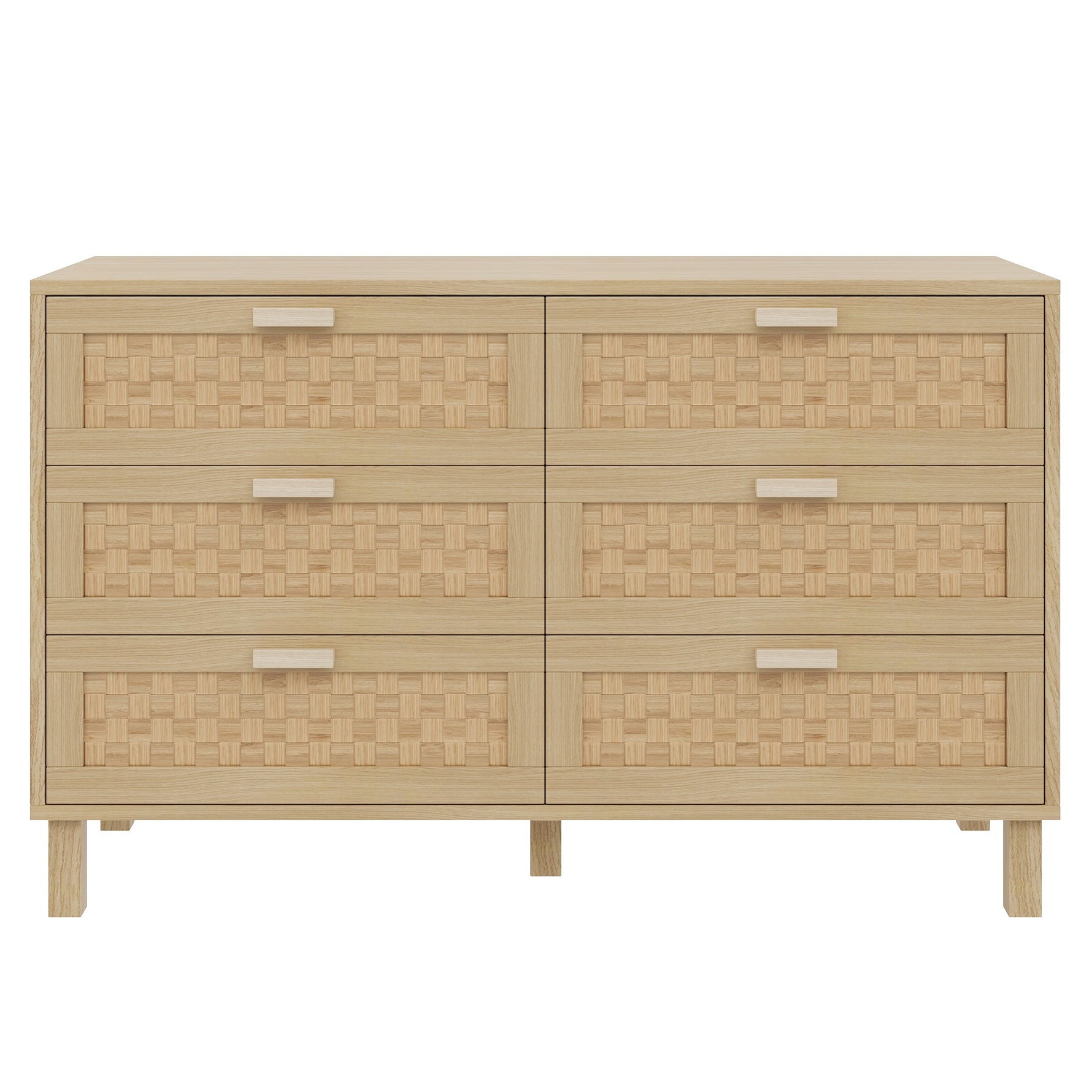 Sideboard & Chest of Drawers, 6-Drawer Rattan Look, Natural Wood