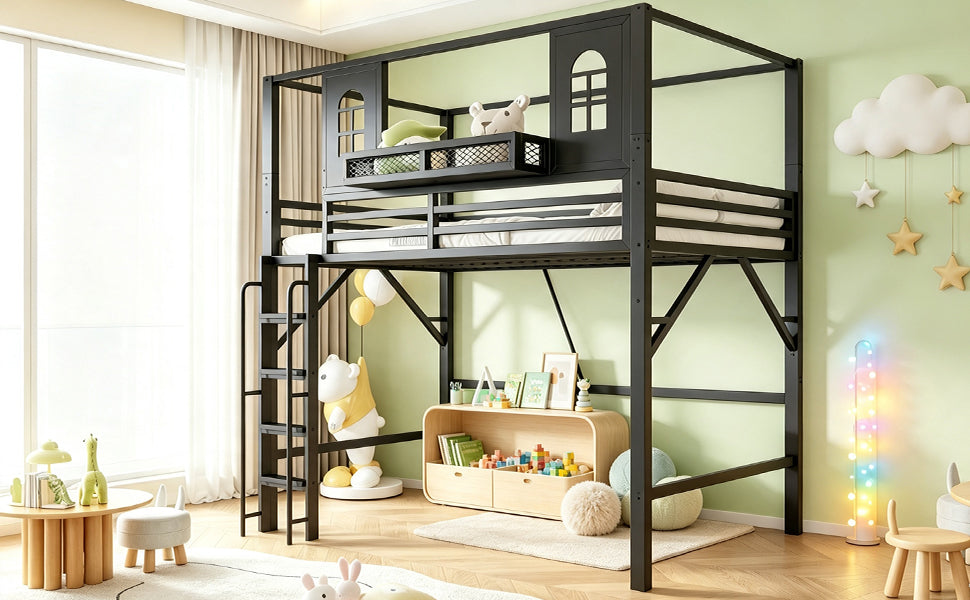 Children's Loft Bed 90x200cm with Roof & Storage, Black Metal