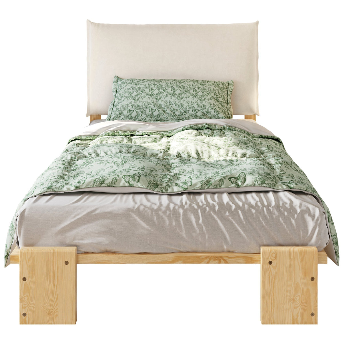 Upholstered Bed, Padded Headboard with Velcro and Sturdy Slatted Base, Pine and Plywood, Natural