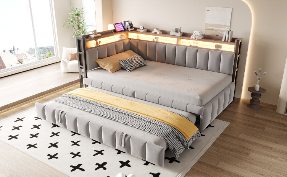 Upholstered Sofa Bed 90x200cm Pull-out LED Storage USB/Type-C Light Grey Velvet