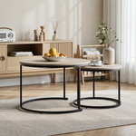 Nesting Coffee Table Set, Two-Piece Round 70cm Diameter with Metal Frame, Oak Wood Veneer