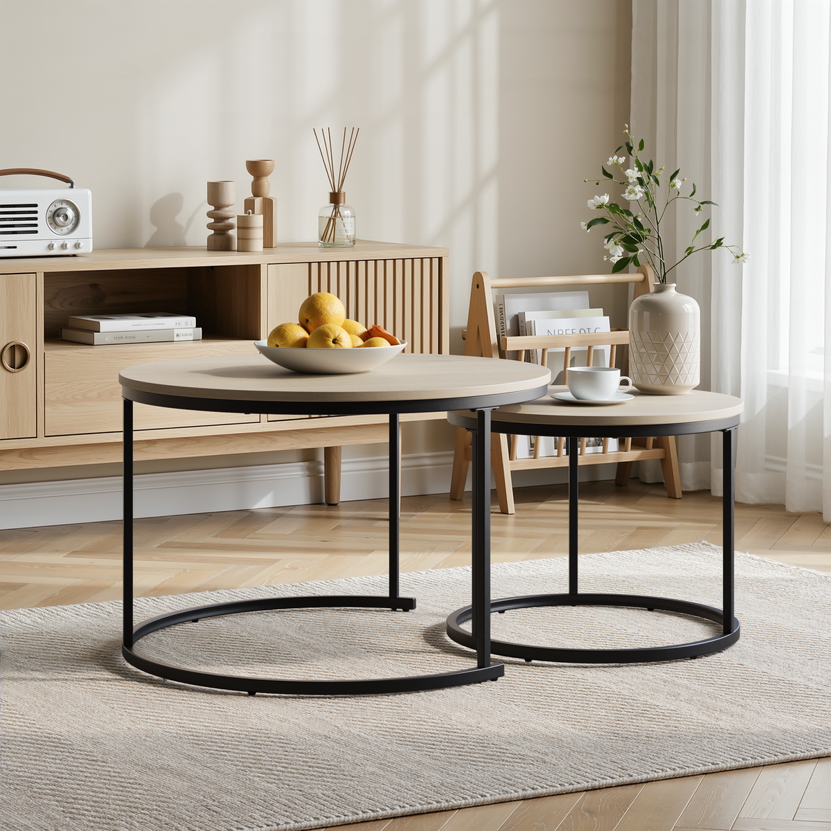 Nesting Coffee Table Set, Two-Piece Round 70cm Diameter with Metal Frame, Oak Wood Veneer
