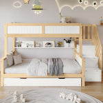 Bunk Bed, Trundle & Wardrobe, Corner Stairs, Pine+MDF, White+Natural
