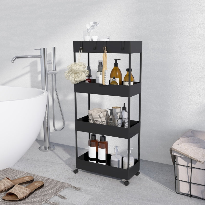 Rolling Cart, 4-Tier with Wheels & Brakes, Plastic Black