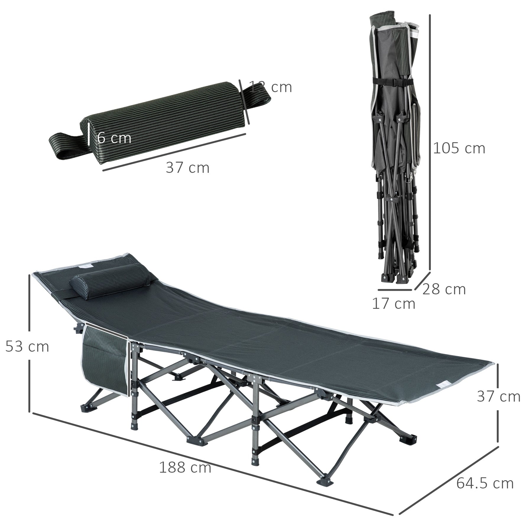 Sun Lounger Folding with Pillow, Storage Bag, Metal and Oxford Fabric, Grey