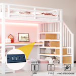 Metal Loft Bed with LED Light, Power Socket, Storage Ladder, Shelves and Desk, 90x200cm, White Metal
