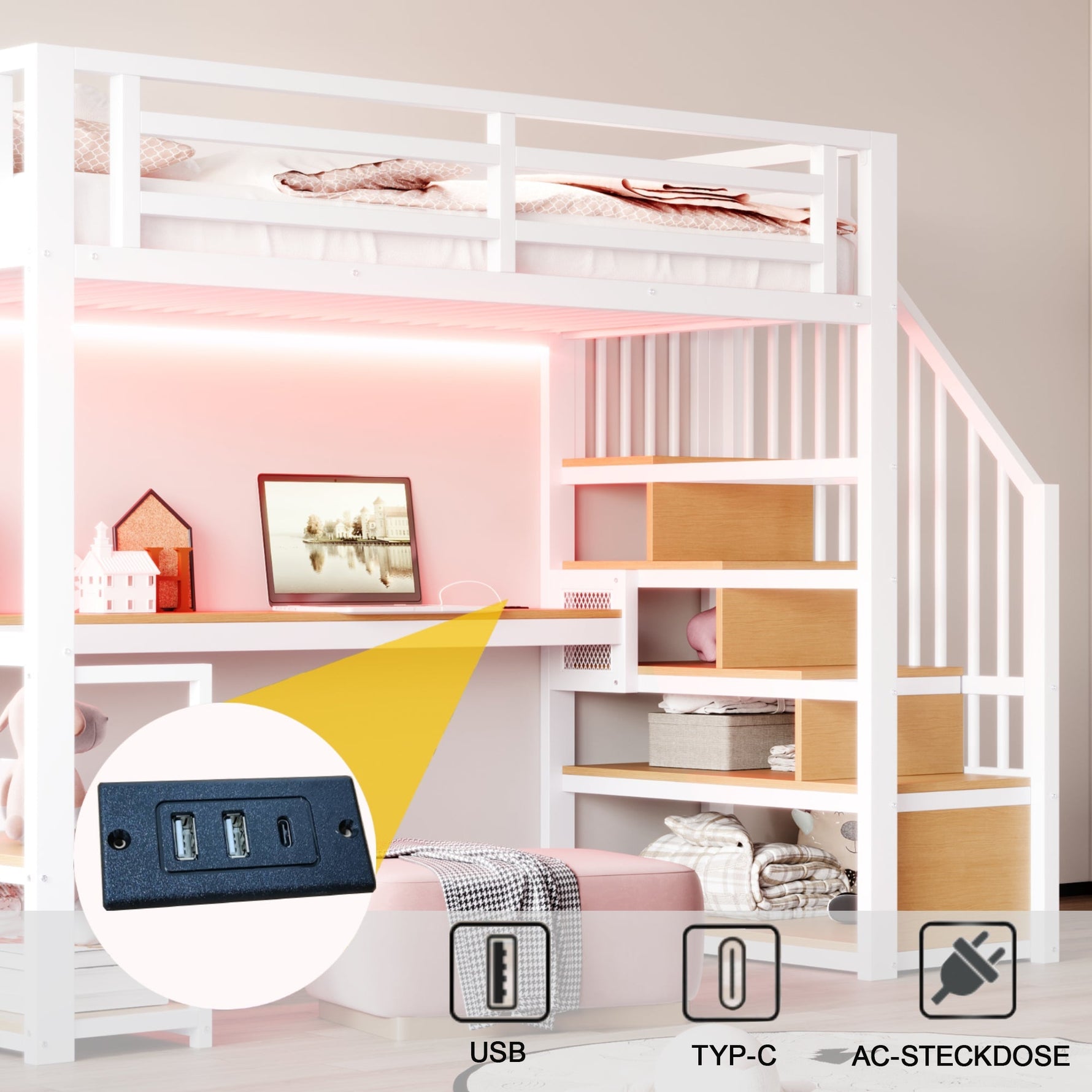 Metal Loft Bed with LED Light, Power Socket, Storage Ladder, Shelves and Desk, 90x200cm, White Metal