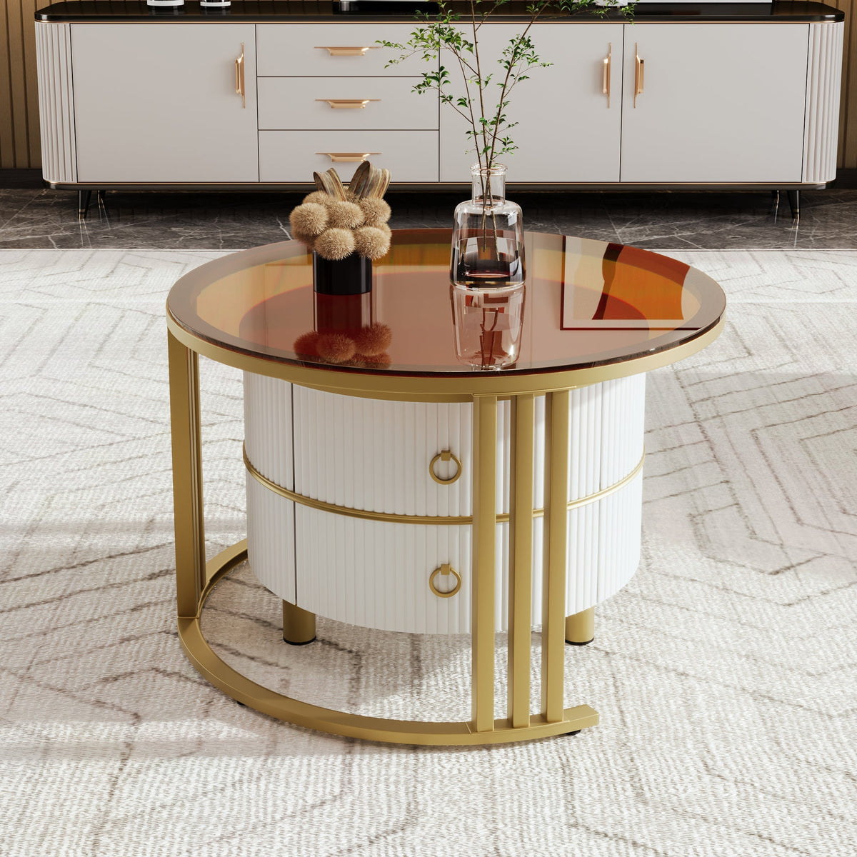 Coffee Table, 2-in-1 Round MDF & Tempered Glass with 2 Drawers, White & Brown