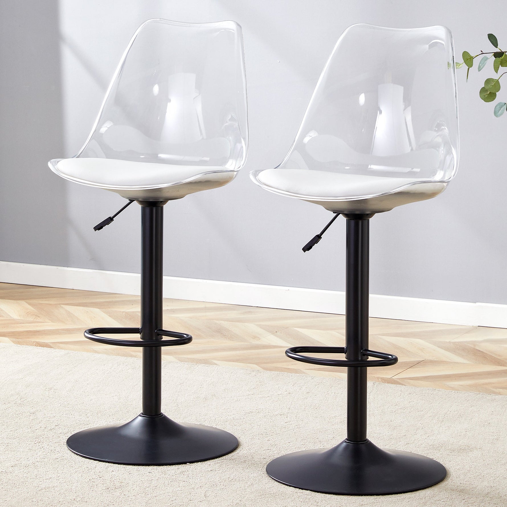 Bar Stool Set of 2 Adjustable Swivel PU Leather Transparent Back - Black Metal/PU