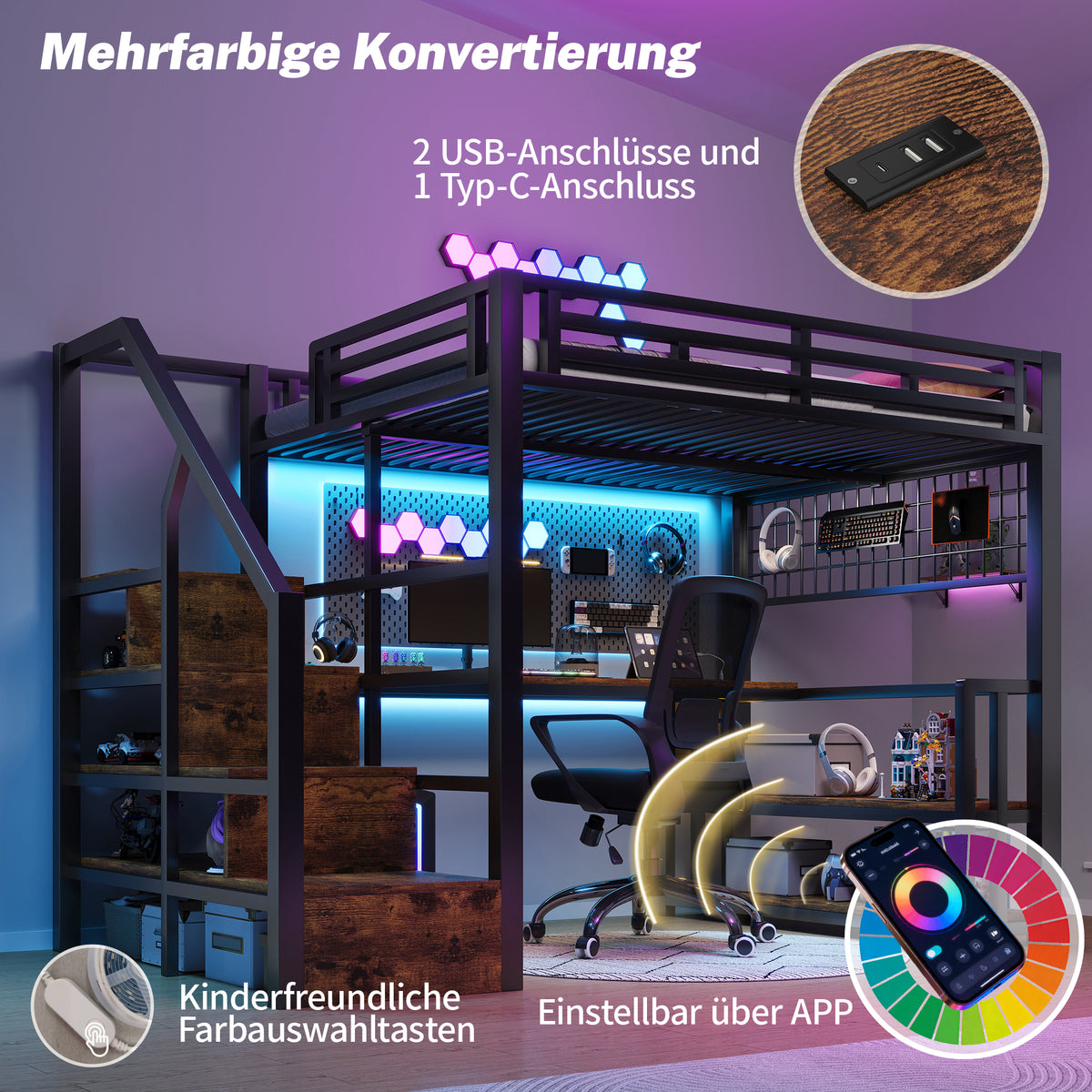 Loft Bed 140x200cm with Desk & Storage Staircase, Black Metal