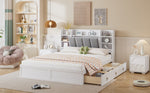 Double Bed, Open Shelf, 3 Drawers, Pine Frame, White+Grey