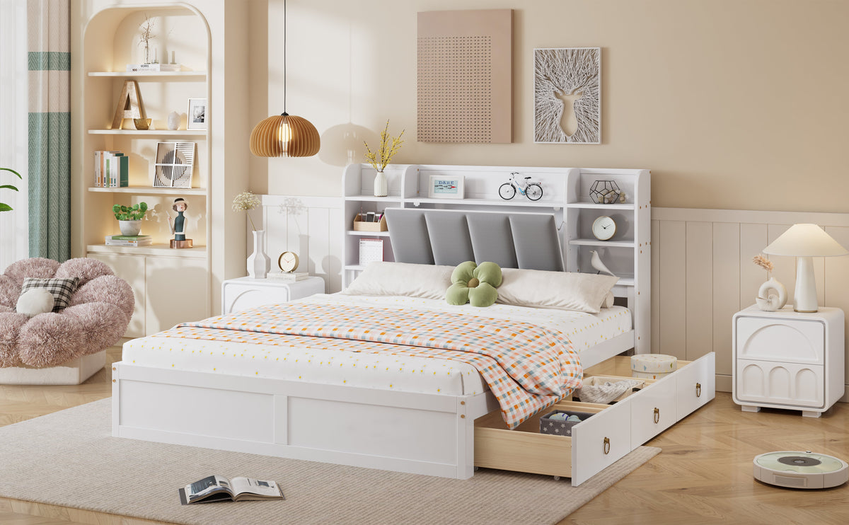 Double Bed, Open Shelf, 3 Drawers, Pine Frame, White+Grey