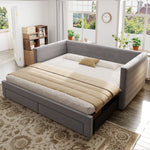 3-in-1 Upholstered Sofa Bed, Extendable with Drawers and Slatted Base, Grey Cotton and Linen