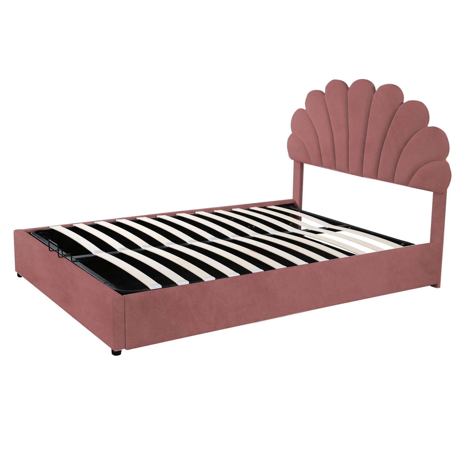 Upholstered Bed, 140x200cm, Floral Headboard, Hydraulic Storage, Pink Velvet