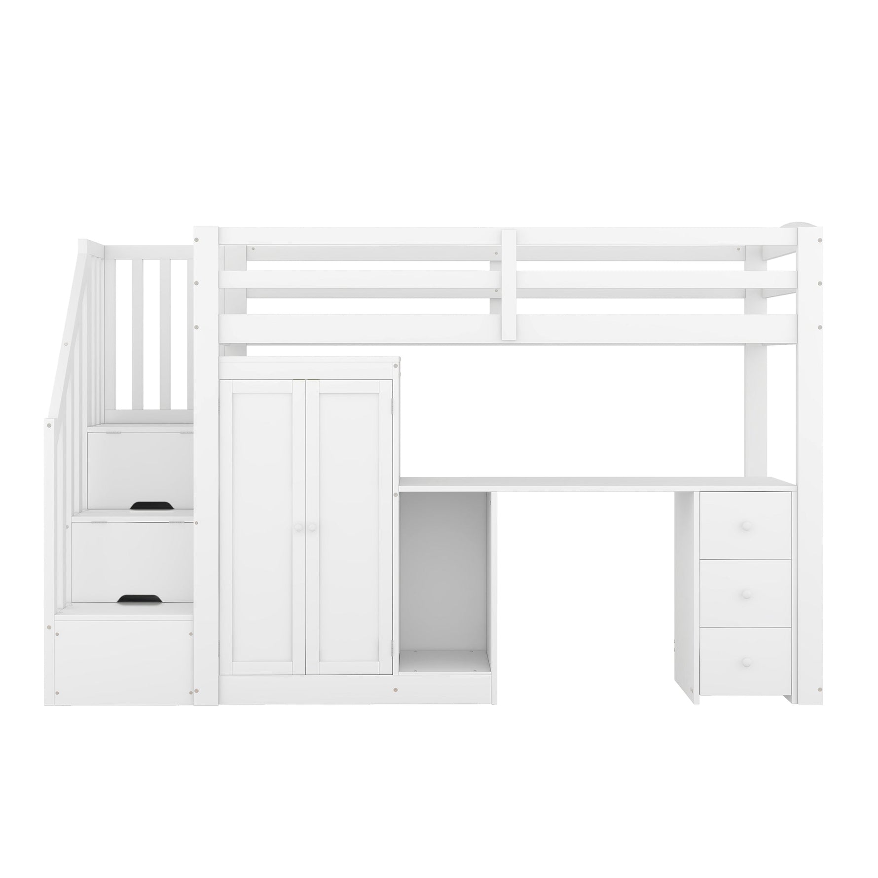 Loft Bed with Wardrobe, Desk, Stairs and Drawers, 90 x 200cm, White