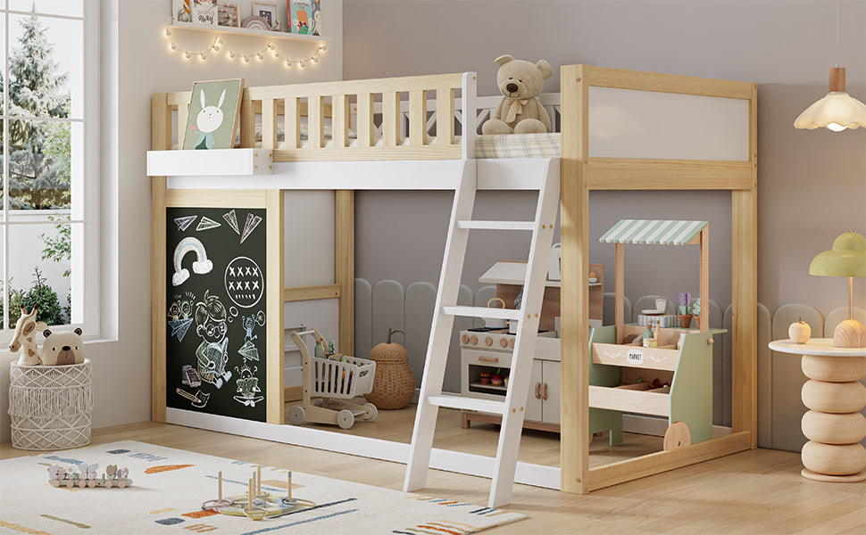 Bunk Bed Chalkboard Storage Safety Railing Pine + MDF White/Natural 90x200cm