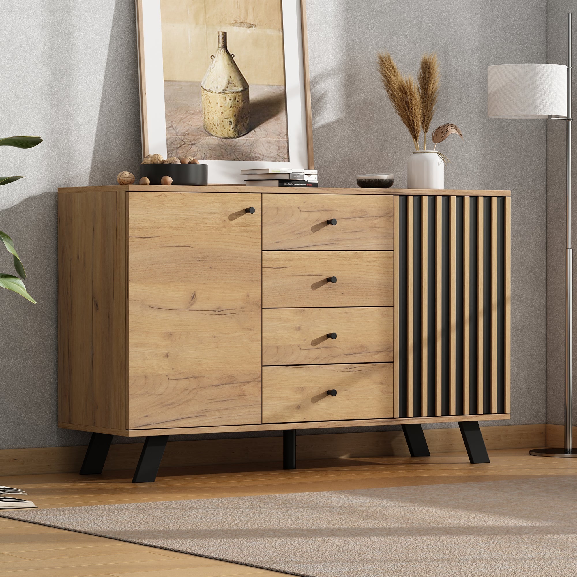 Sideboard Cabinet 120cm Hollow Design 4 Drawers 5 Solid Wood Legs, Wood Color