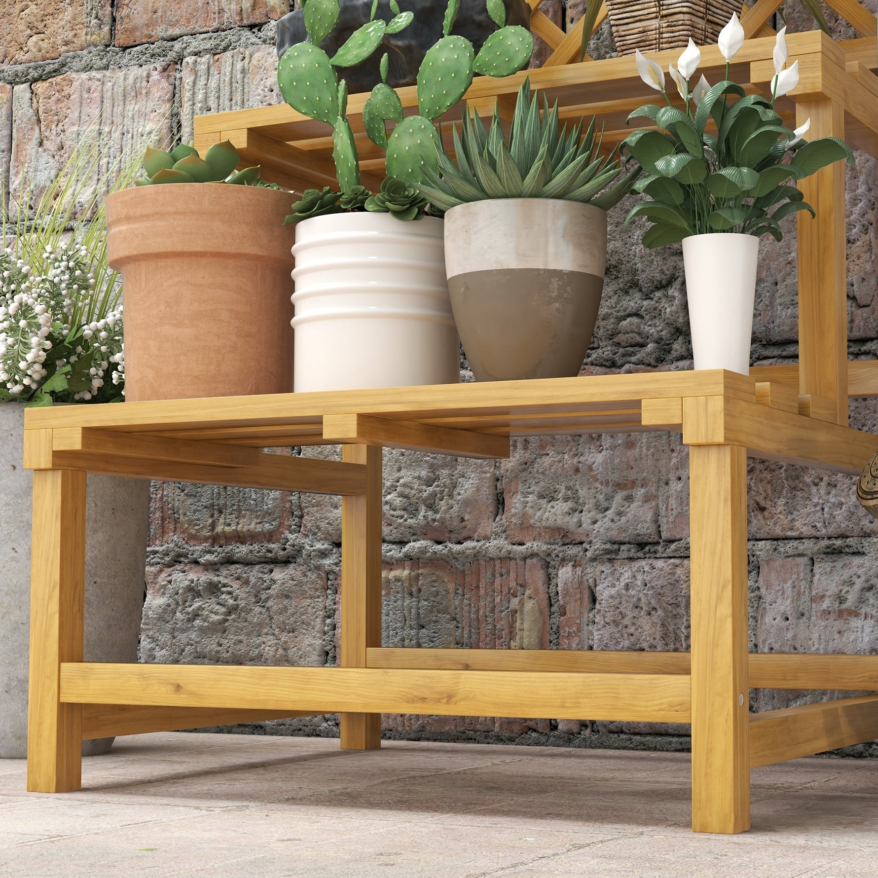 Wooden Plant Stand, 2 Levels, Trellis, Fir Wood
