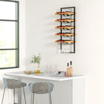 Wall-Mounted Wine Rack, 5 Tiers, 15 Bottles 4 Glasses, Pinewood Steel