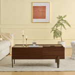 Modern Coffee Table with Drawers, Glass Top & Storage, Dark Brown Wood & Marble-Effect